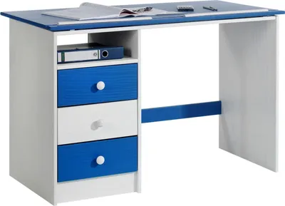 Produktbild von Kinderschreibtisch KEVIN aus Kiefer in weiß/blau, schöner Schülerschreibtisch mit Neigungsverstellung, praktischer Schreibtisch mit 3 Schubladen und Ablagefach
