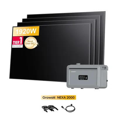 Produktbild von Balkonkraftwerk mit Speicher Growatt NEXA 2000 All-in-One 2048Wh Speicher mit 4x Sunpro 480Wp BC Bifaziale Full Black Solarmodule(0% MwSt)