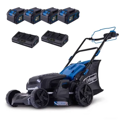 A cordless lawnmower with batteries and chargers.