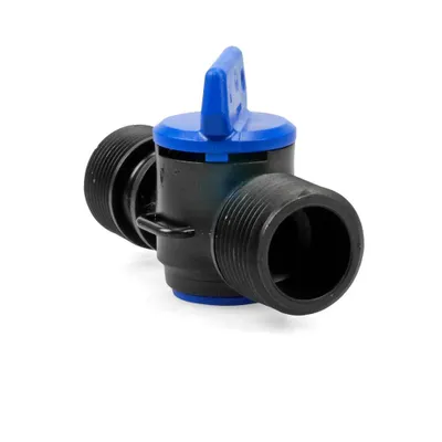 A close-up studio shot of a black and blue valve with threaded connectors.