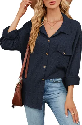 Image de ASKSA Chemise Femme Manches Longues Mousseline Unie Revers Boutons Chemise Élégante Casual Détendu Chemise avec Poches (Bleu Foncé,L)