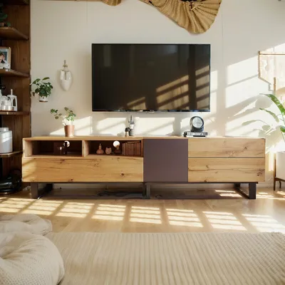 Image de Meuble TV Moderne Colorblocking Meubles TV Debout Veinure du bois Meuble TV grande capacité Facile à nettoyer 180cm