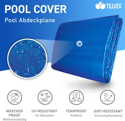 A blue pool cover is shown with a close-up detail of water droplets on its surface. Below the cover, there are four icons with descriptive text highlighting its features.