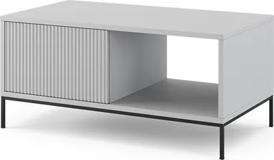 A light gray coffee table with a ribbed sliding door and an open shelf, shown from a slight angle on a white background.