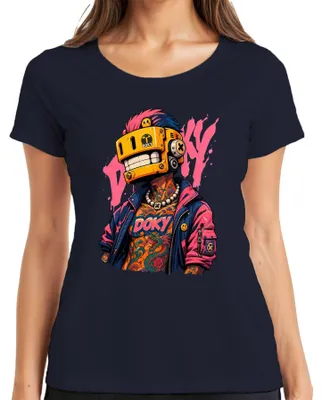 Produktbild von Doky Cyberpunk Roboter Maske Tattoo Drache Urban Japan Y2K Retro Damen T-Shirt, Navy, XL