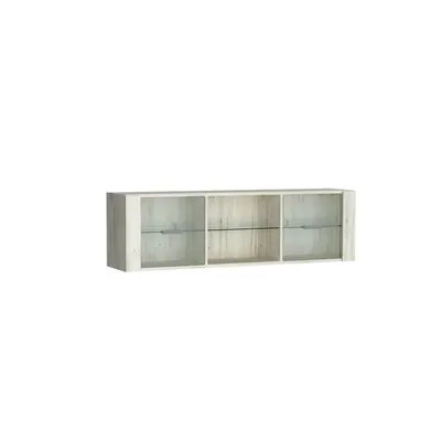A wall-mounted display cabinet with three compartments and glass shelves.