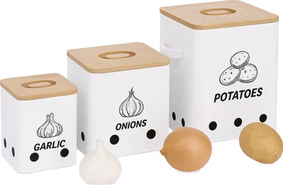 Produktbild von Relaxdays Kartoffel Aufbewahrungsbox, Zwiebeln, Knoblauch, 3er Set, mit Löchern, Metall, Bambusdeckel, eckig, weiß/natur