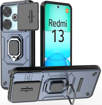 Produktbild von Hülle für Xiaomi Redmi 13 Dual Layer Handyhülle Schiebe Kamera Schutz und Ringhalter Ständer Blau