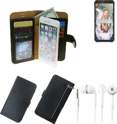 Produktbild von TOP SET Portemonnaie Schutz Hülle kompatibel mit Blackview BV5500  schwarz aus Kunstleder + Kopfhörer Walletcase Smartphone Tasche vollwertige