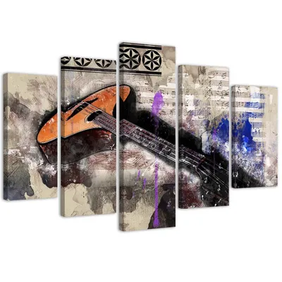 Produktbild von 5-teiliges leinwandbild gitarre - abstrakt 100x70 cm Feeby grau wandbild bereit zum aufhängen