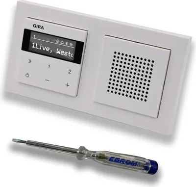 Produktbild von Gira Unterputz IP Internetradio 232003 + Bluetooth Komplett-Set mit Lautsprecher - E2 reinweiß glänzend mit 2fach Rahmen Gira 021229 inkl. EBROM Phasenprüfer zur Montage der Geräte