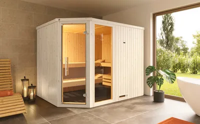 Produktbild von Elementsauna Weka Varberg 4 ohne Ofen mit Fenster und graphitfarbeneer Ganzglastüre