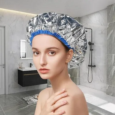 Produktbild von Aluminium-Folienkappe für die Haarpflege – wärmespeichernde, wiederverwendbare Duschkappe zum Färben, zur verbesserten Tiefenaufnahme der Behandlung, leicht, komfortabel und langlebig