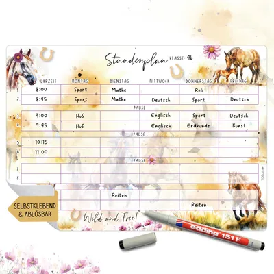 Produktbild von Stundenplan abwischbar selbstklebend | Pferde Design DIN A4 | Wiederverwendbar mit wasserlöslichem Stift für Schulanfang & Füllung Zuckertüte Mädchen