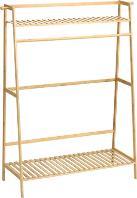 Produktbild von HOMCOM Standgarderobe aus Bambus, Kleiderständer mit 2 Ablageflächen, 2 seitlichen Haken und Hängestange für Eingangsbereich, Schlafzimmer, Büro, 114 x 40 x 139 cm, Natur