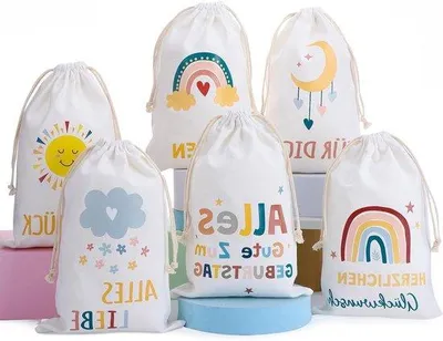 Produktbild von Bunte Stoffbeutel 20x30cm mit Zugband, 6er Set