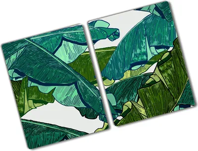 Produktbild von Tulup Glas Herdabdeckplatte - 2x40x52 cm - Glaskeramikkochfeld-Abdeckung Spritzschutz Glasabdeckplatte Kochplattenabdeckung und Schneidebrett - Zweiteilig - Blumen & Pflanzen - Bananenblätter - Grün