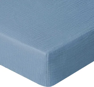 Produktbild von DOLCE SONNO Musselin Spannbettlaken Babybett 60x120 cm – 100% Baumwolle, atmungsaktiv, temperaturregulierend, weich - Jeans