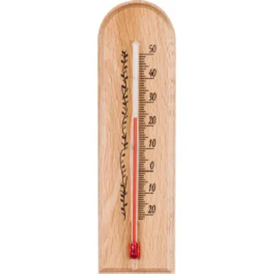 A wooden thermometer with a decorative pattern on the left side and a red liquid column indicating temperature.