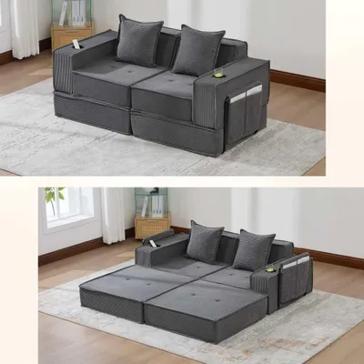 Image de AIORBER Canapé-lit 2 places moderne avec pouf, canapé en velours côtelé avec coussins, peu encombrant et modulable, canapé lounge confortable avec espace de rangement, gris foncé