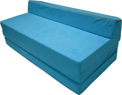 A folded blue mattress or sofa bed is shown against a white background.