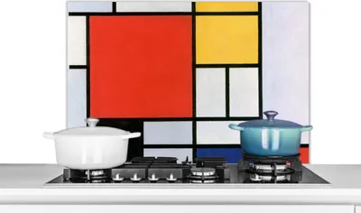 Produktbild von KitchenYeah®  Spritzschutz Küche - Küchenrückwand - Wandschutz für Herd und Spüle - Kunst - Mondrian - Alte Meister - Komposition 2 90x60 - Alu-Dibond (Alternative zum Spritzschutz aus Glas) - Hitzebe