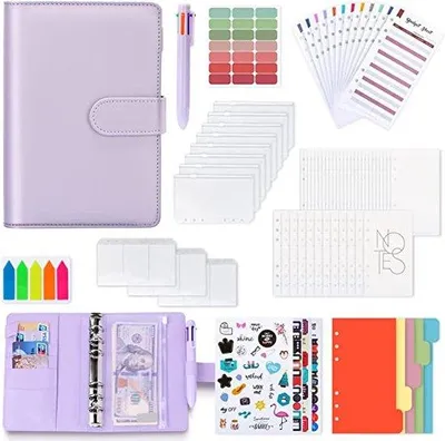 Produktbild von Unyqoos® Budgetplaner A6 – 95-teiliges Ringbuch mit Kunstleder, PVC-Geldumschlägen, Monats‑ & Sparvorlagen, Kartenfächern und Stift