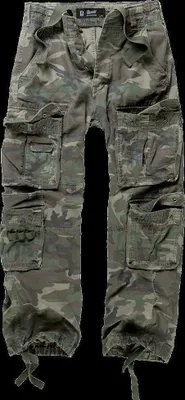 A pair of camouflage cargo pants laid flat against a black background.