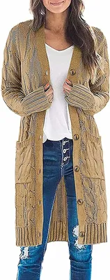 Produktbild von ASKSA Damen Langarm Strickjacke Strick Mantel Zopfstrick Sweater mit Knopfleiste und Taschen, Khaki, S