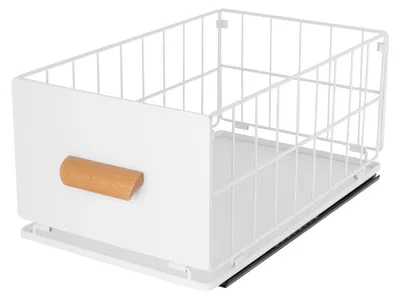 Produktbild von Schrank-Organizer - Ausziehbarer Aufbewahrungskorb - Tragkraft 15 kg - Maße 40×24×18 cm - Kohlenstoffstahl & Holz - Modern - Weiß