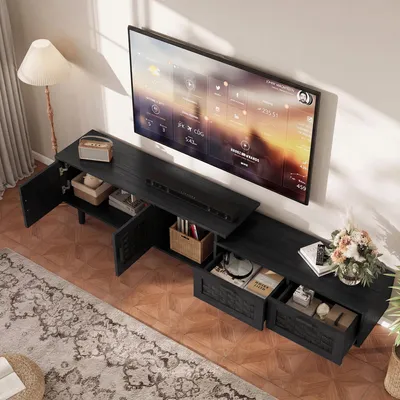 Produktbild von UnboxG Schwarzer ausziehbarer TV-Schrank mit Rattan-Imitation, verstellbare Länge 146-180cm, Boho Stil Fernsehtisch mit Stauraum für Wohnzimmer