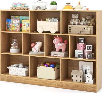 Produktbild von DREAMADE 3-stöckiges freistehendes Bücherregal, offenes Lagerregal mit 10 Fächern & 2 Kippschutz-Sets, modernes Ausstellungsregal aus Holz, Büro,Natur