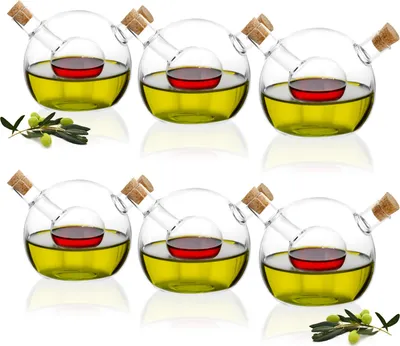 Produktbild von com-four® 6x Öl- und Essigflasche mit Korken - leere 2 in 1 Glaskaraffe zum Befüllen - edle Glasflasche mit Einsatz und 2 Öffnungen 42 ml, 300 ml - Öl- und Essigspender Ø 10 cm