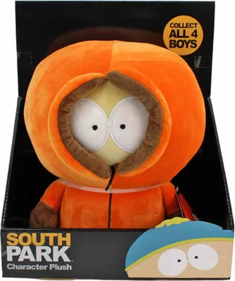 A plush toy of Kenny McCormick from South Park in its retail packaging.