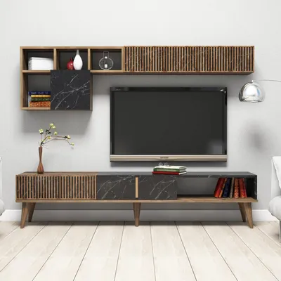 Immagine prodotto di Skye Decor, mobile TV moderno in pannello truciolare rivestito al 100% in melamina, 180 x 40 x 35 cm, con mensole a muro, finitura noce e nero, numerosi ripiani, possibilità di montaggio a muro.