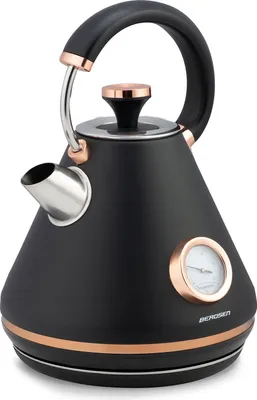 A black electric kettle with copper accents and a built-in thermometer.