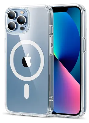 A clear protective case for an iPhone 13 Pro with MagSafe compatibility is shown, with the phone partially visible inside.