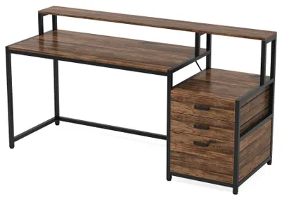 Produktbild von Schreibtisch - PC-Schreibtisch/Workstation - 150 x 50 x 75 cm - 3 Schubladen - Wendbare Schubladen - Mit Schrank - Industrial Design - Holz - Bordeauxrot