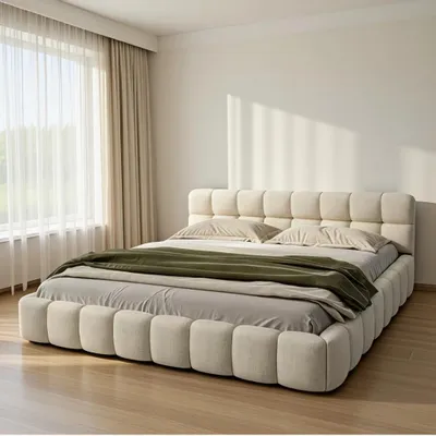 Productafbeelding van INONEFT Gestoffeerd bed Bubble, 140x190 cm, tweepersoonsbed met lattenbodem, kinderbed met gestoffeerd hoofdeinde en rugleuning, linnen, beige