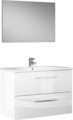 Produktbild von Unterschrank Inglewood, Abgehängter Badezimmerschrank, Kleiderschrank mit 2 Schubladen und Spiegel, 80x45h57 cm, Glänzend Weiß