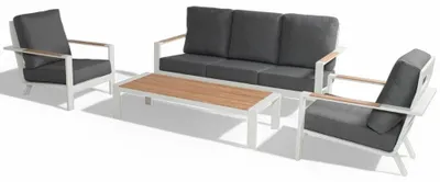 Immagine prodotto di Salotto da giardino in alluminio bianco 2 poltrone 1 tavolino e 1 divano con cuscini Croba