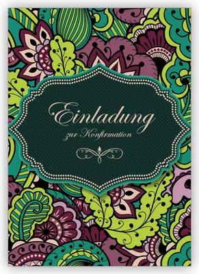 Produktbild von 4x Elegante grüne Einladungskarte für Konfirmanden mit Blütenmuster: Einladung zur Konfirmation
