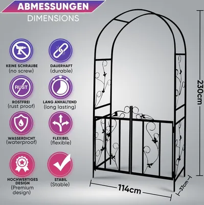 Produktbild von Rosenbogen aus Metall Mit Tür Tor in Schwarz 230 x 37 x 114 (HxTxB), Rankhilfe mit Verzierung, Rosen Spalier, Rostfrei, für Garten DF-28KD