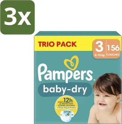 Image de Pampers – Couches – Baby-Dry, lot de 3 paquets, taille 3 (6-10 kg) – 156 couches - Lot économique - 3 paquets