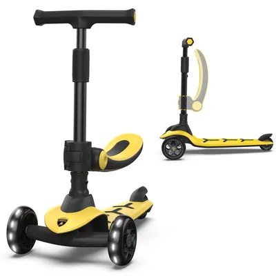 Produktbild von Lamborghini Kinder Roller Scooter ab 3 Jahren bis 50 kg - Tretroller mit Sitz und 2 Lenkmodi, Leichter Aluminiumrahmen, Leuchträdern, Hinterbremse