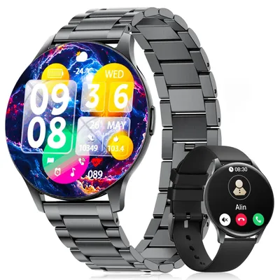 Produktbild von Smartwatch Damen 2 Armbändern Premium-Metallarmband HD AMOLED Display 120+ Sportmodi mit Schlaftracking Telefonfunktion Uhr für iOS Android Schwarz