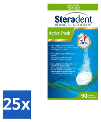 Productafbeelding van 25 x Steradent Active Fresh reiniger voor kunstgebit - Menthol en eucalyptus - 90 tabletten - Voordeelverpakking - 25 stuks