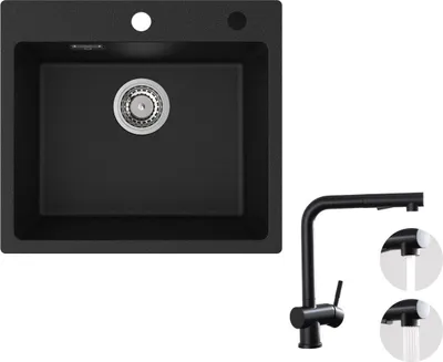 A black granite sink and a black faucet are shown against a white background.