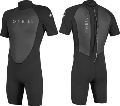 A black and gray O'Neill wetsuit shown from the front and back.