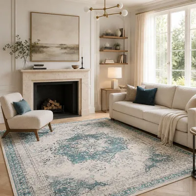 Zdjęcie produktu dla Dywan designerski w stylu pop-vintage, wzór orientalny, kolor: niebieski i kremowy, wymiary: 80x150 cm, Obraz wygenerowany przez AI